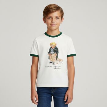 Boys Ivory & Green Polo Bear T-Shirt, 1 Boys Ivory & Green Polo Bear T-Shirt