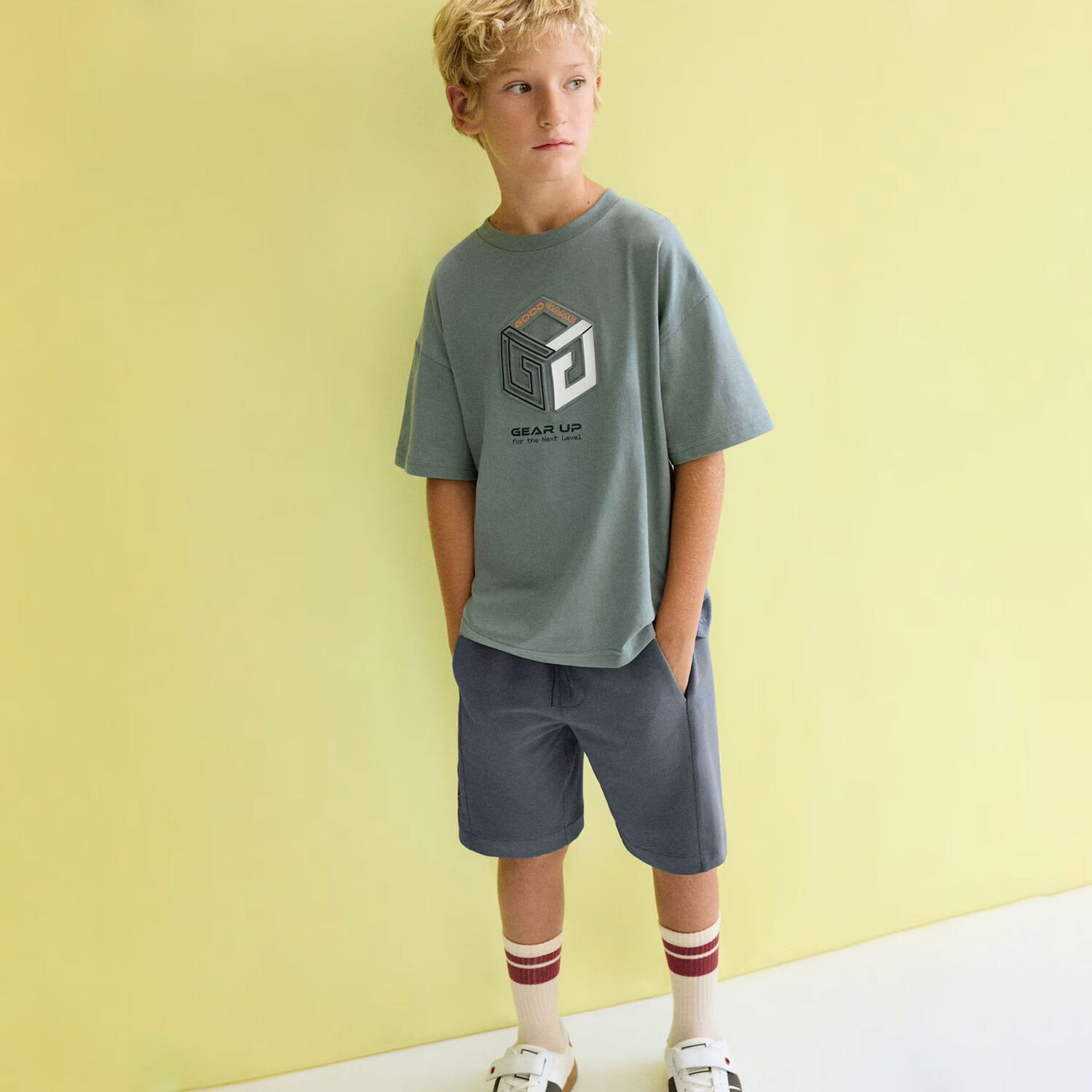 Boys Green & Grey Shorts Set, 2, hi-res