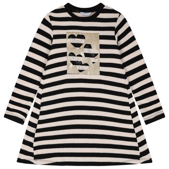 Girls Ivory & Black Striped Dress