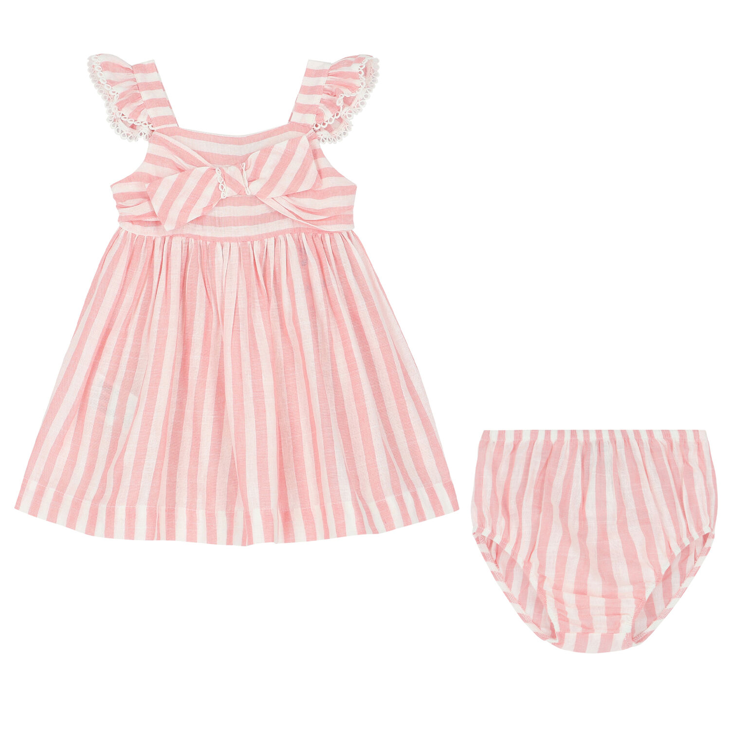 Younger Girls Pink & Ivory Striped Dress Set, 1, hi-res