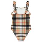 Girls Beige Check Ruffled Swimsuit, 1, hi-res