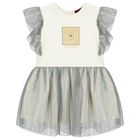 Younger Girls Ivory Logo Dress, 1, hi-res