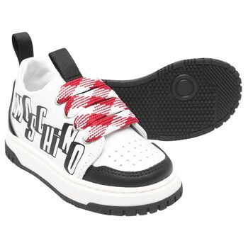 White & Black Logo Leather Trainers