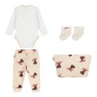 Beige & White Teddy Bear Logo Baby Bodysuit Set, 4, hi-res