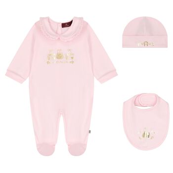 Baby Girls Pink & Gold Logo Babygrow, Hat & Bib Gift Set