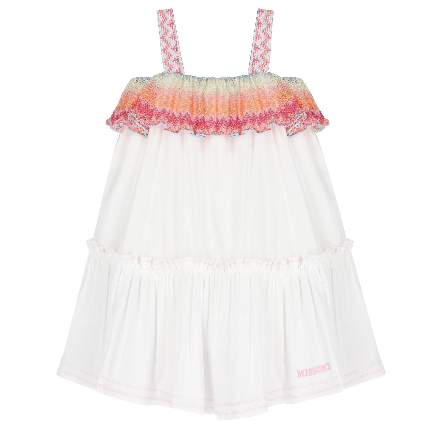 Girls White Zigzag Ruffle Dress, 1, hi-res