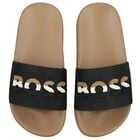 Boys Black & Beige Logo Sliders, 1, hi-res