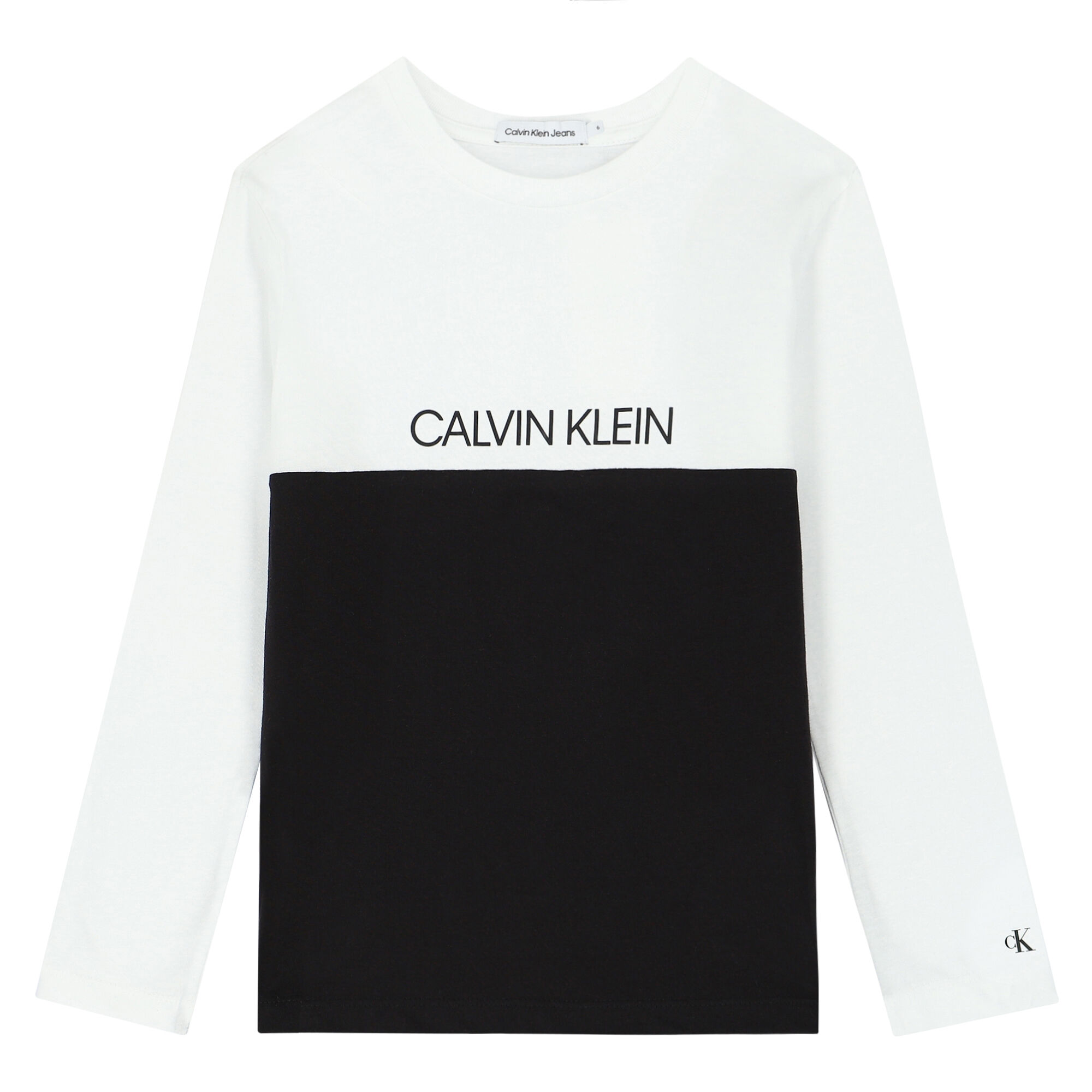 Calvin Klein Boys White Black Logo Long Sleeve T Shirt Junior Couture UAE