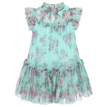 Girls Aqua Rose Tulle Dress
