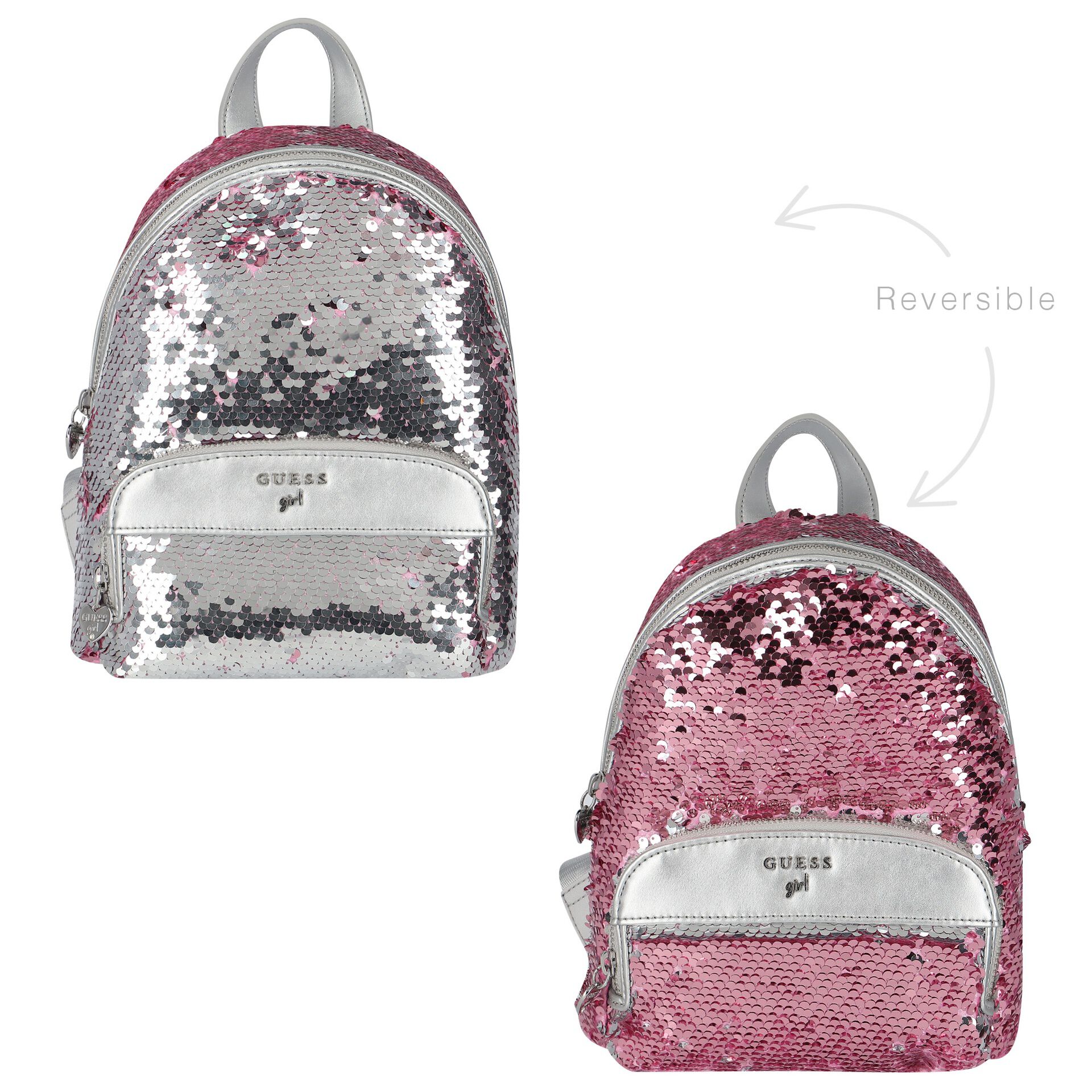 Guess Younger Girls Silver Pink Logo Sequin Backpack Junior
