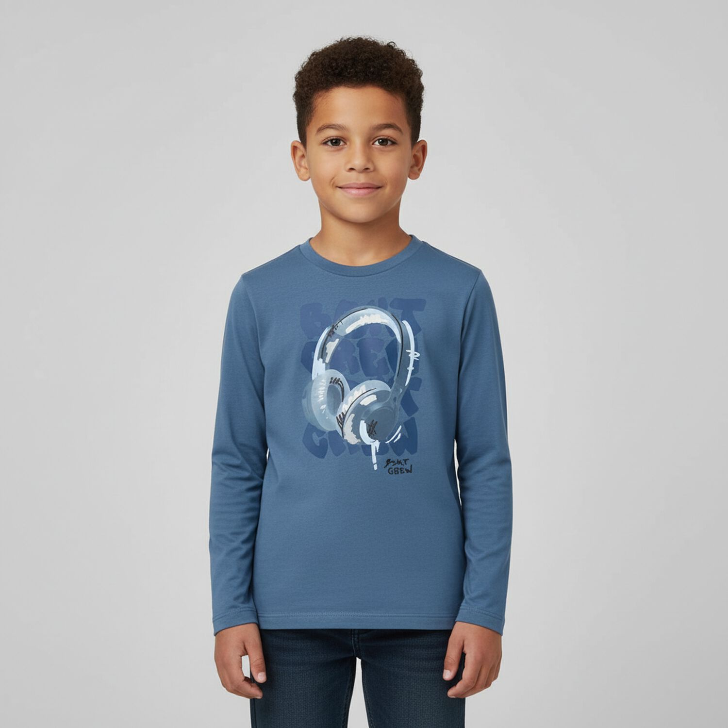 Boys Blue Headphone Long Sleeve Top, 3, hi-res