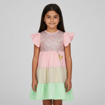 Girls Pink & Green Embellished Dress
