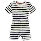 Navy Blue & Ivory Striped Logo Romper & Hat Baby Set, 1, hi-res