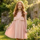 Girls Pink Bow Pleated Dress, 2, hi-res