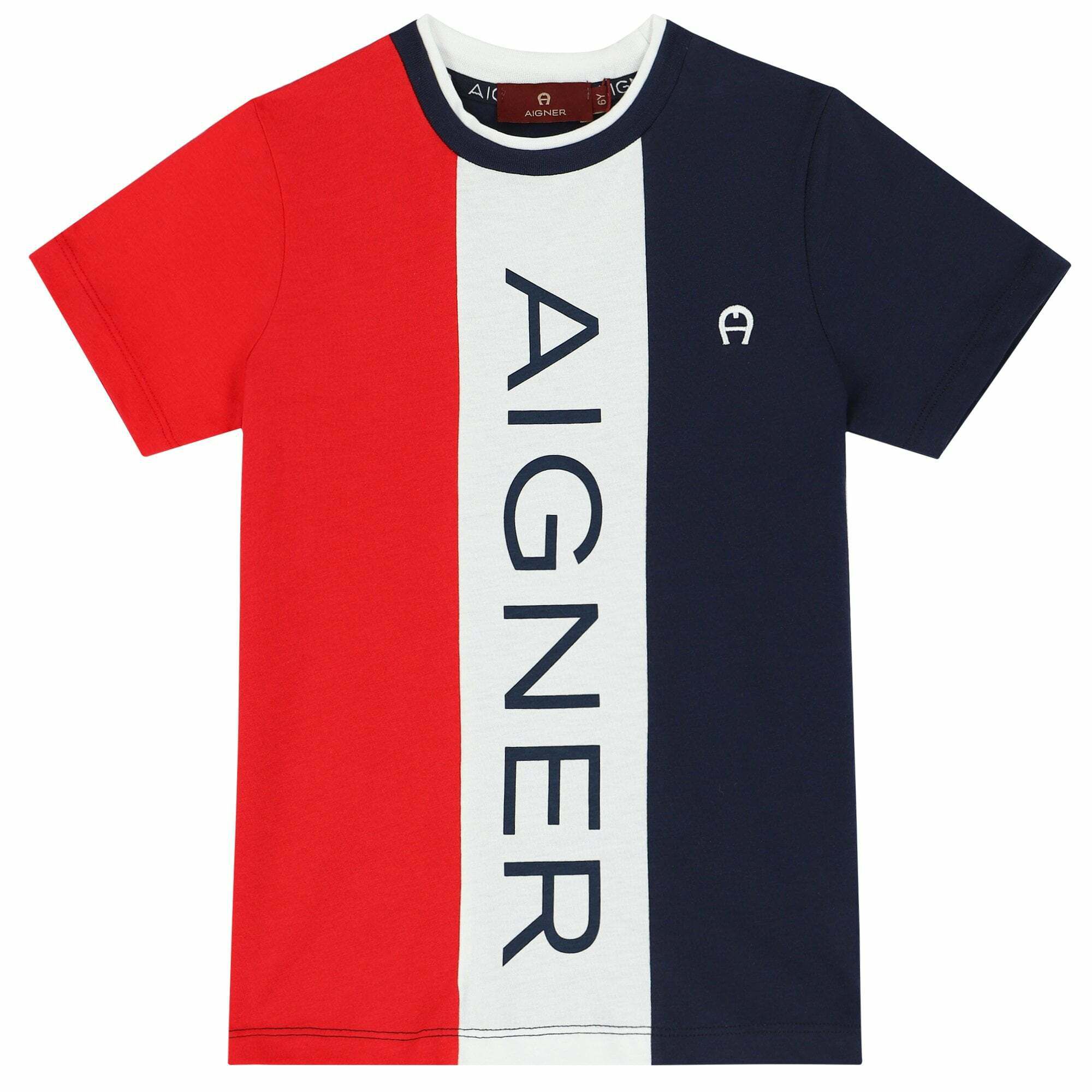Aigner Boys Red and Navy Blue Logo T shirt Junior Couture UAE