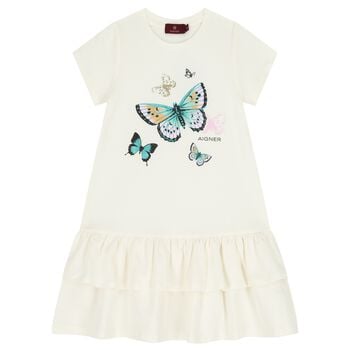 Girls Ivory Butterflies Logo Dress