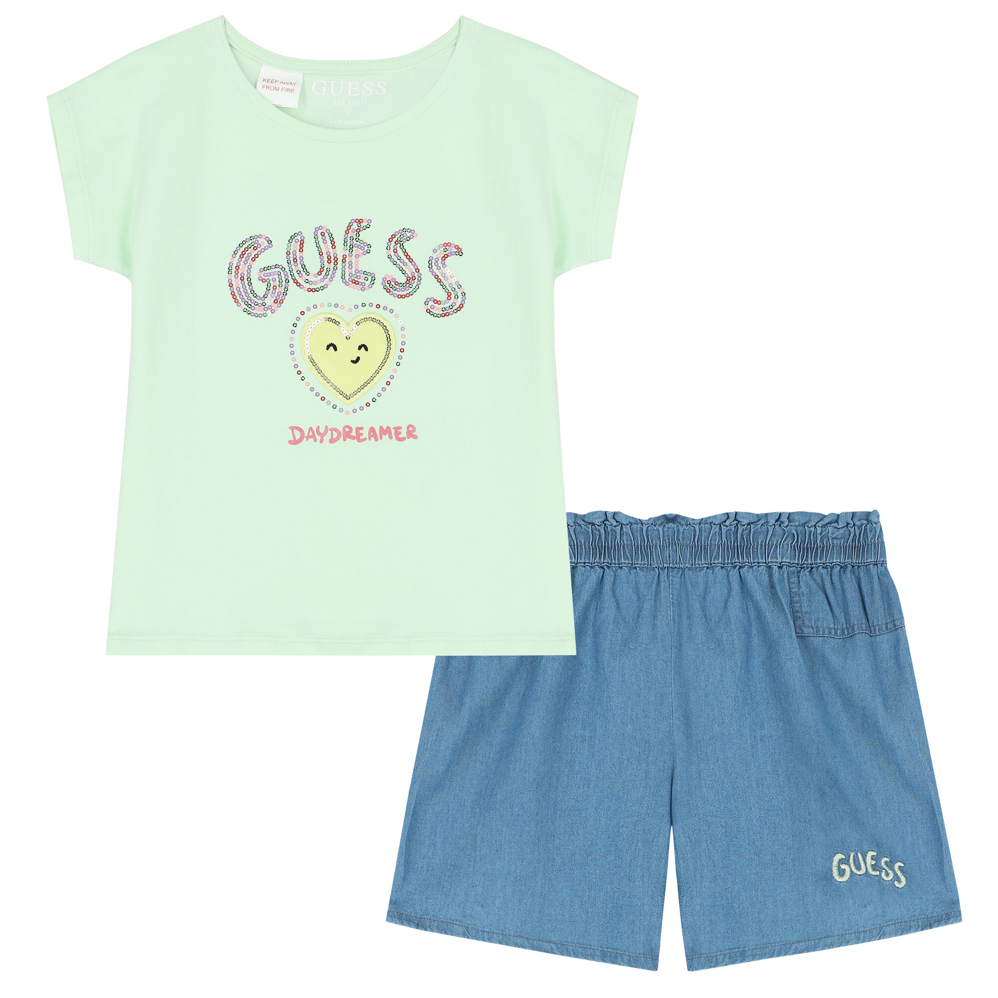 Guess Girls Green Blue Logo Shorts Set Junior Couture UAE
