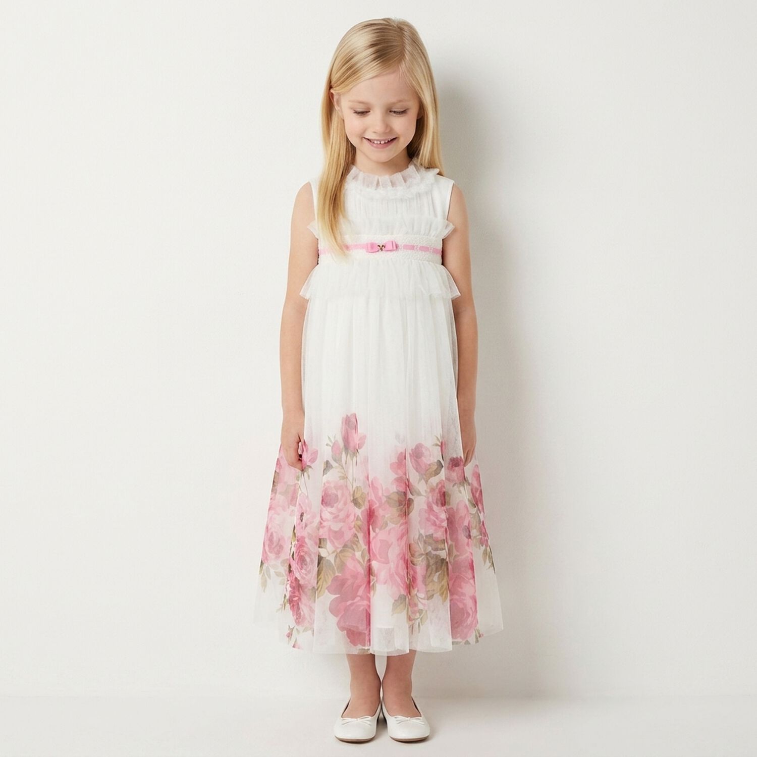 Girls White & Pink Floral Tulle Dress, 2, hi-res