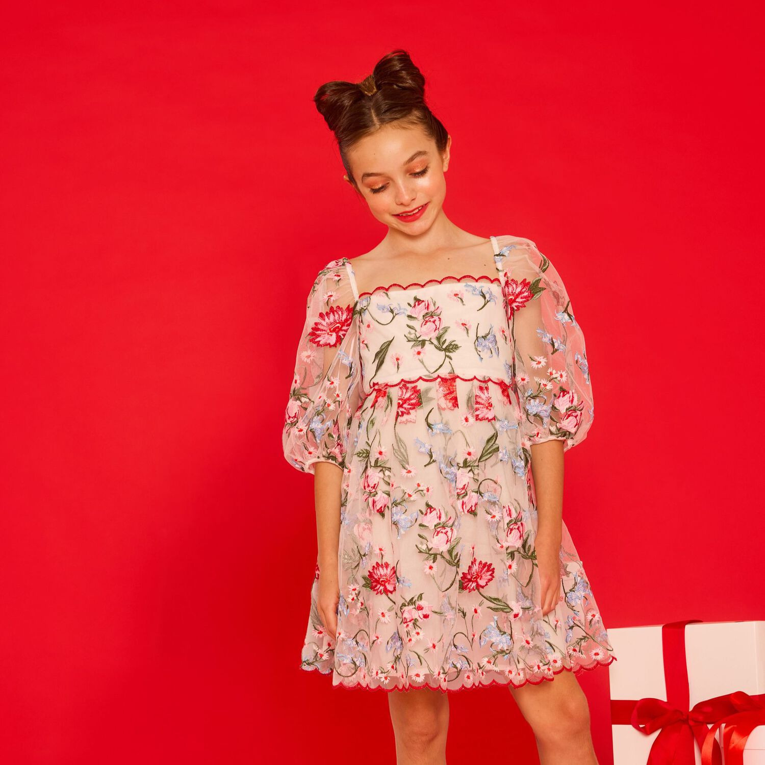 فستان تول مطرز باللون العاجي و الوردي للبنات , 1, hi-res