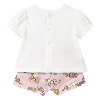 Younger Girls White & Pink Teddy Bear Shorts Set