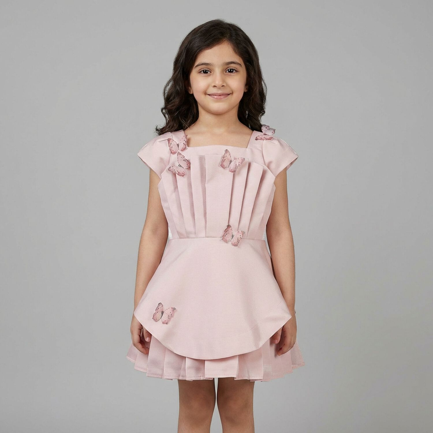 Girls Pink Pleated Butterfly Dress, 1, hi-res