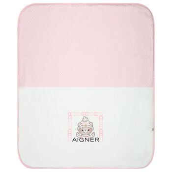 Baby Girls White & Pink Teddy Bear Logo Blanket