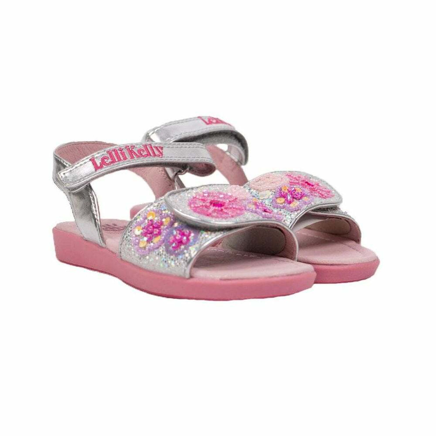 Girls Glitter Silver and Pink Sandals, 1, hi-res