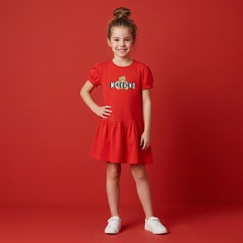 Younger Girls Red Teddy Bear Logo Dress