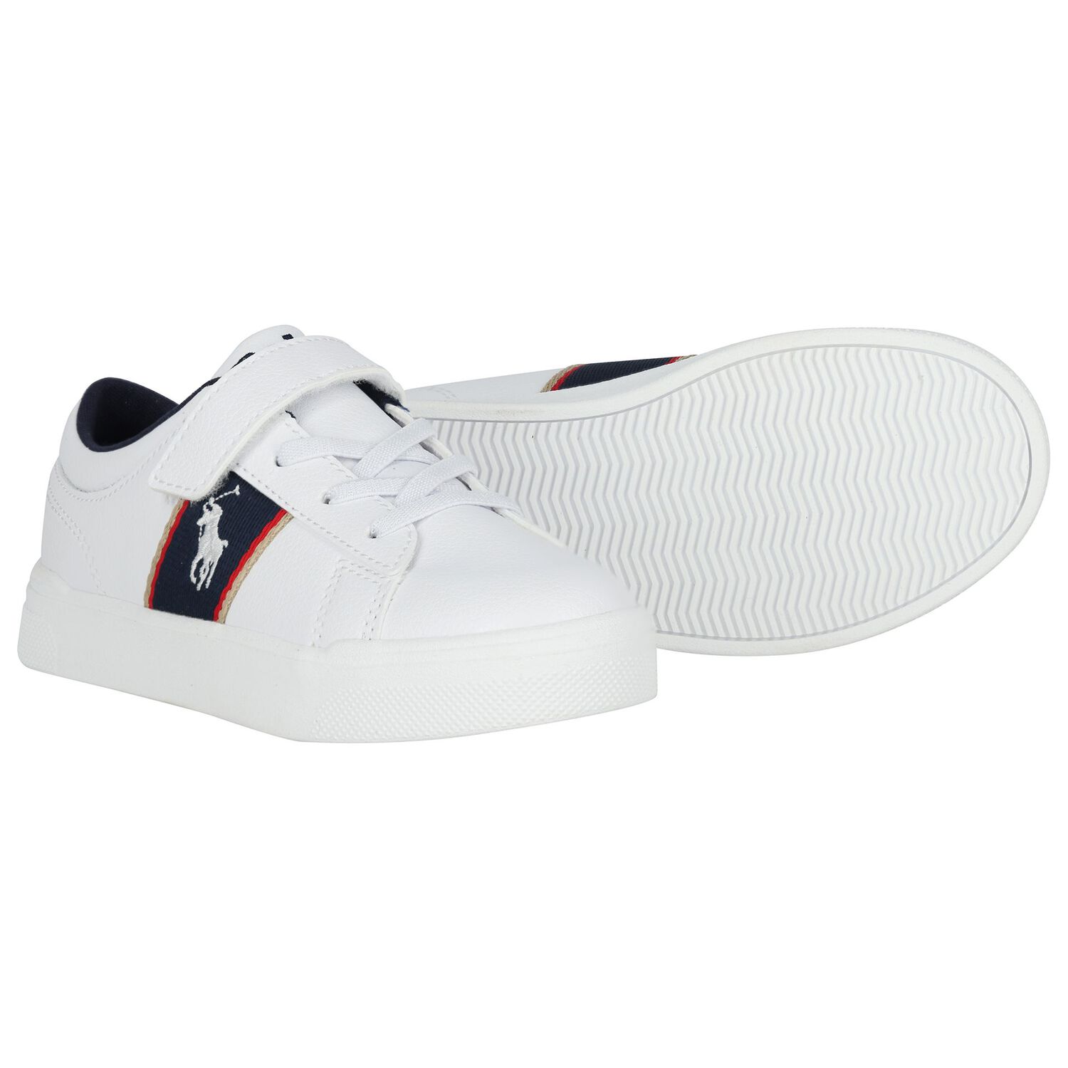 Boys White & Navy Blue Logo Trainers , 1, hi-res