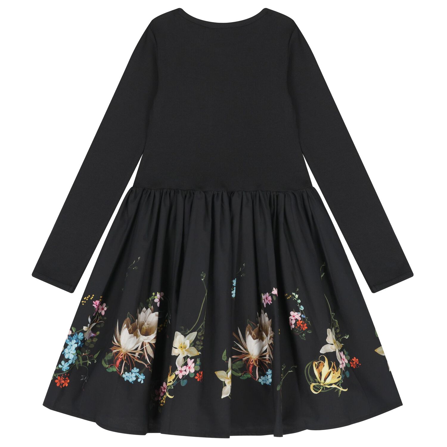 Girls Black Pleated Floral Dress, 2, hi-res