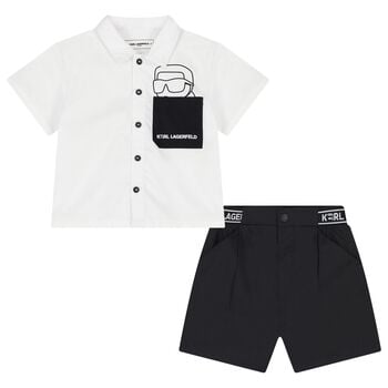 Boys White & Black Logo Shorts Set