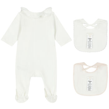 Baby Girls Ivory Babygrow & Bib Gift Set (3 Piece)