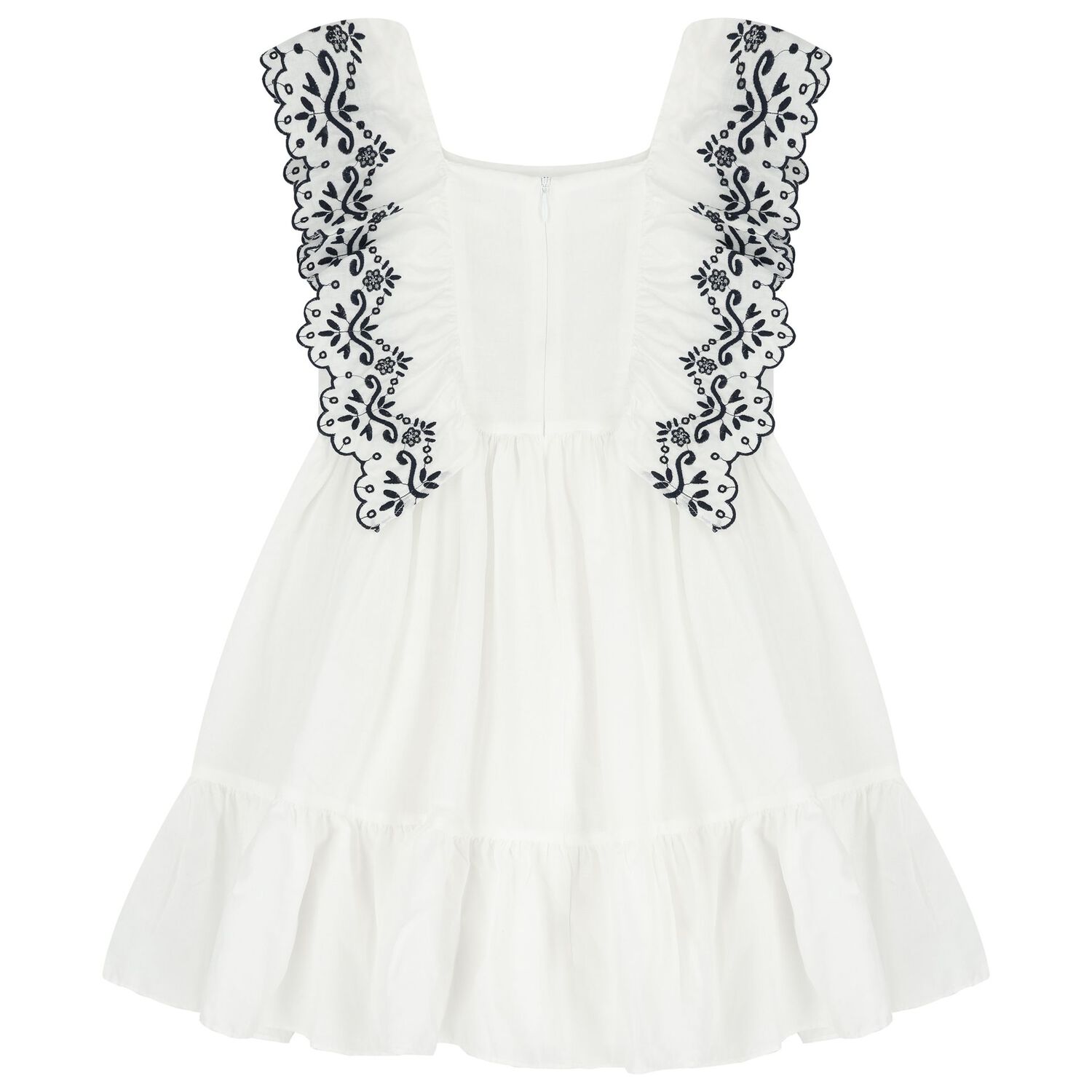 Girls White & Navy Blue Embroidered Ruffles Dress, 1, hi-res