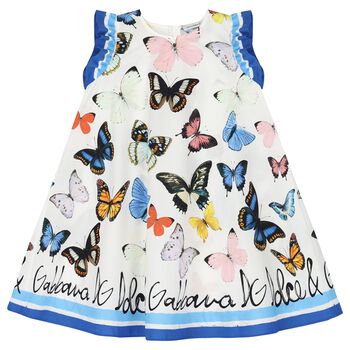 Girls White & Blue Butterfly Print Cotton Dress