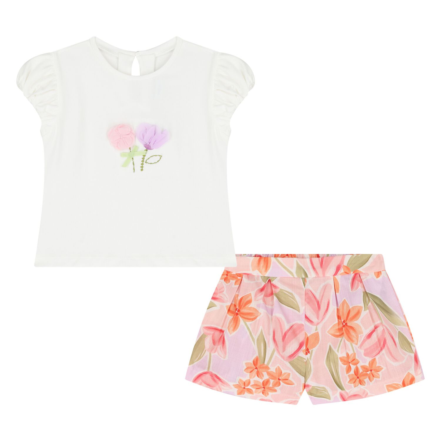 Younger Girls Ivory & Lilac Floral Shorts Set, 1, hi-res