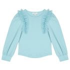 Girls Blue Ruffled Tulle Long Sleeve Top, 1, hi-res