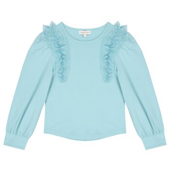 Girls Blue Ruffled Tulle Long Sleeve Top
