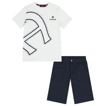 Boys White & Navy Blue Logo Shorts Set