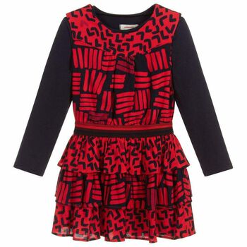 Girls Red & Navy Printed Dress