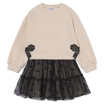 Girls Beige & Black Bow Tulle Skirt Set