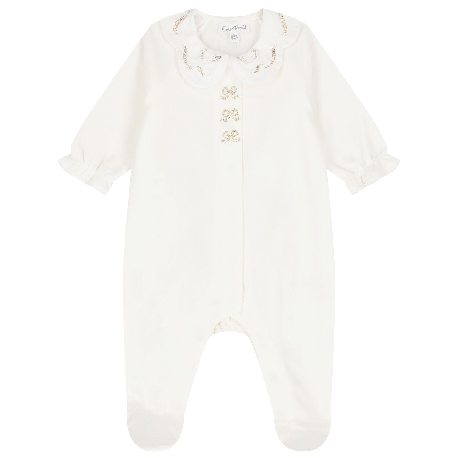 Baby Girls Ivory Bow Velour Babygrow, 1, hi-res