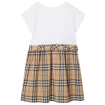 Girls White & Beige Check Ruffled Dress