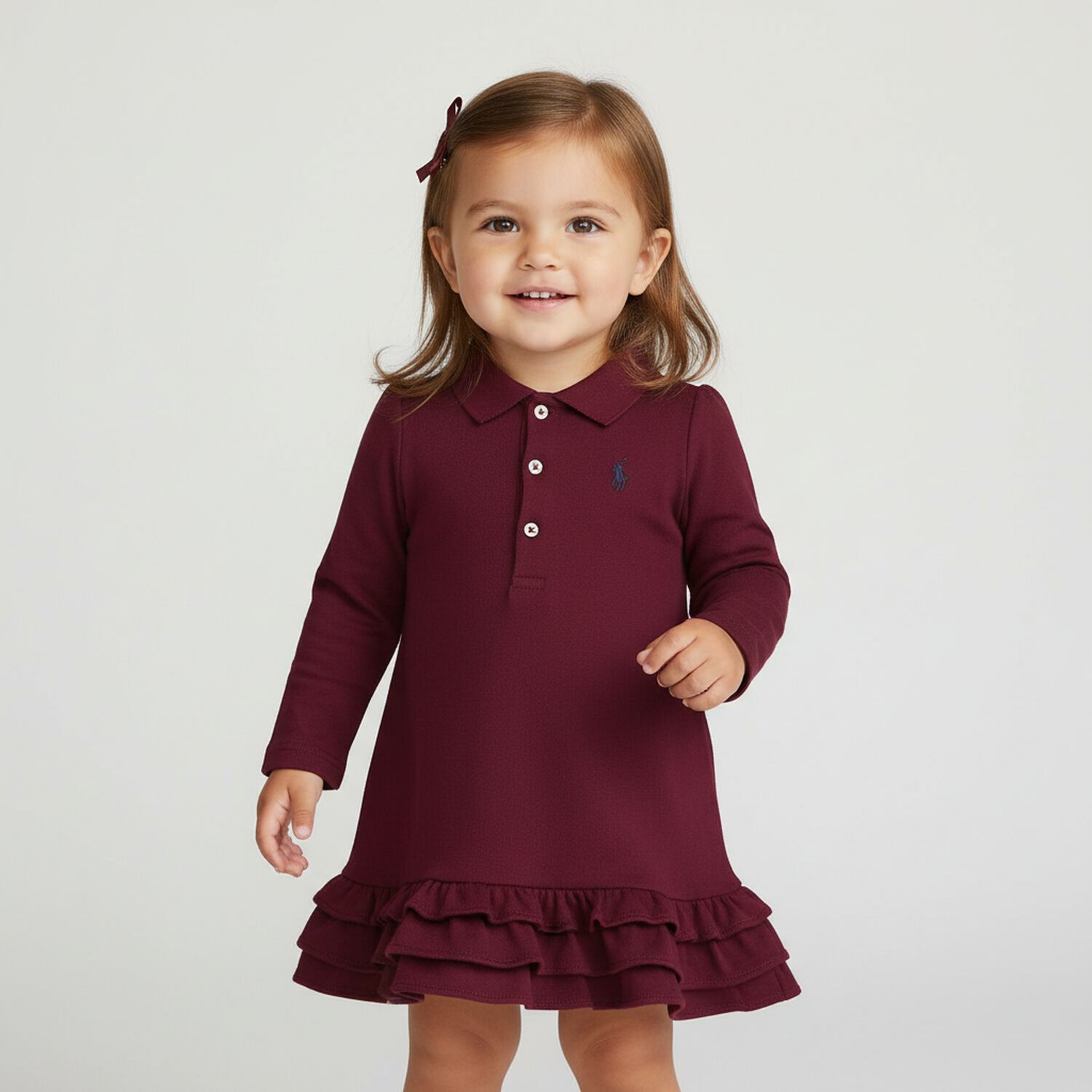 Baby Girls Burgundy Ruffled Polo Dress Set, 2, hi-res