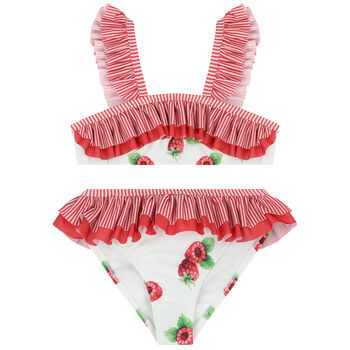 Girls White & Red Raspberries Swimsuit