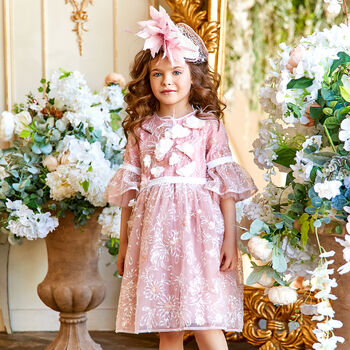 Girls Pink Embroidered Sequin Tulle Dress