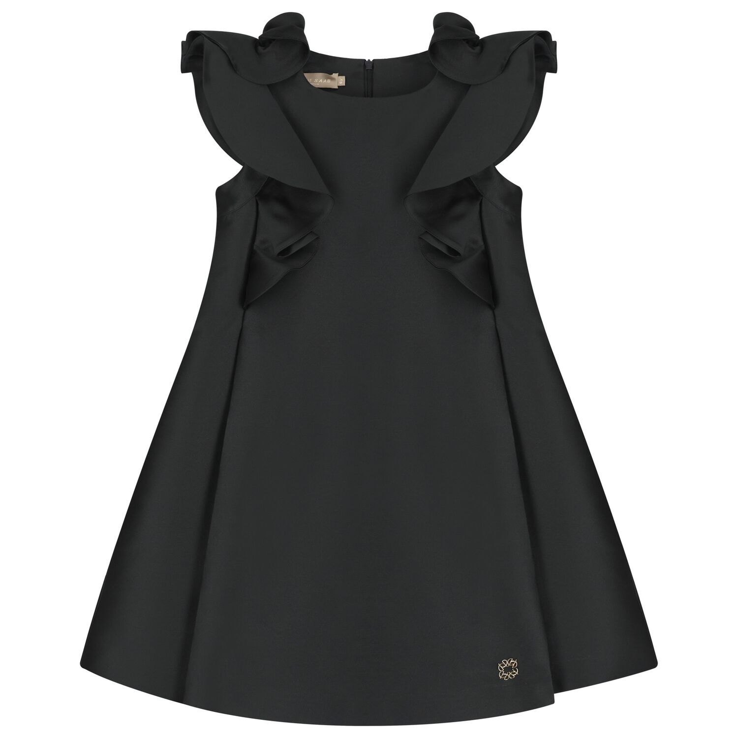Girls Black Satin Ruffle Dress, 2, hi-res