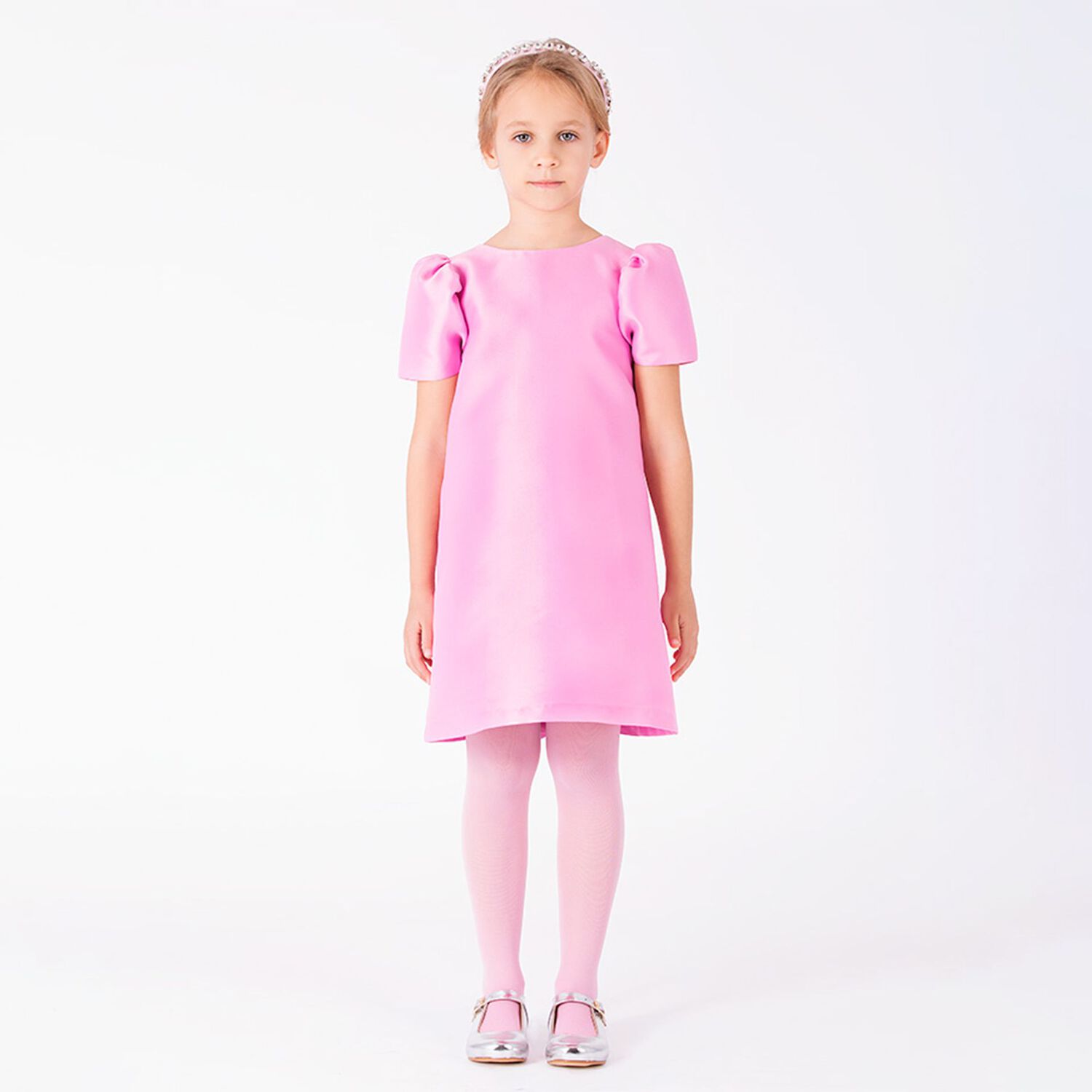 Girls Pink Bow Puff Sleeve Dress, 1, hi-res