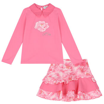 Girls Pink Floral Skirt Set