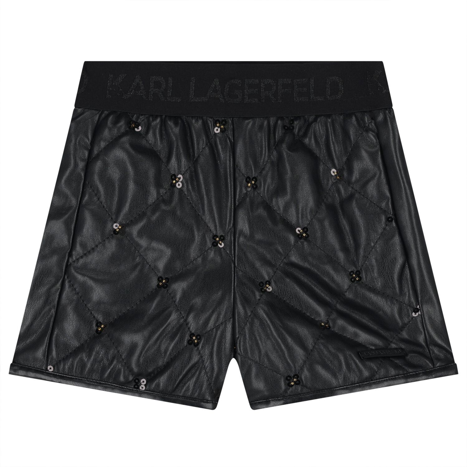 Girls Black Quilted Faux Leather Shorts, 1, hi-res