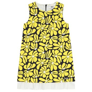 Girls Yellow & Black Floral Canvas Dress
